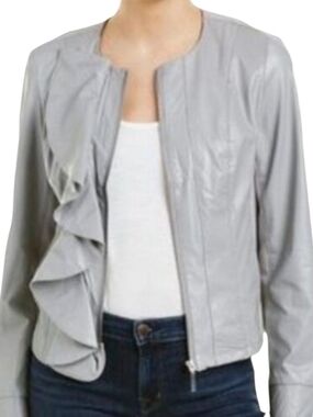 KUT from the Kloth Gray Faux Leather Ruffle Jacket Medium M Dahliana Moto Edgy